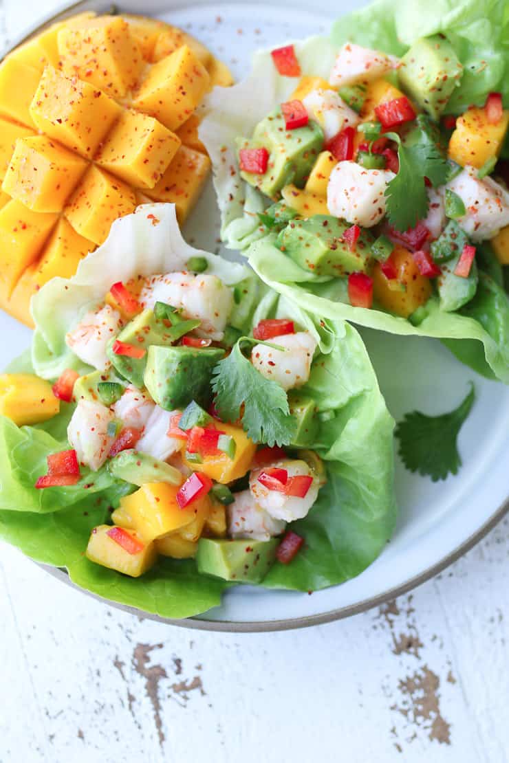 close up of shrimp mango salad 