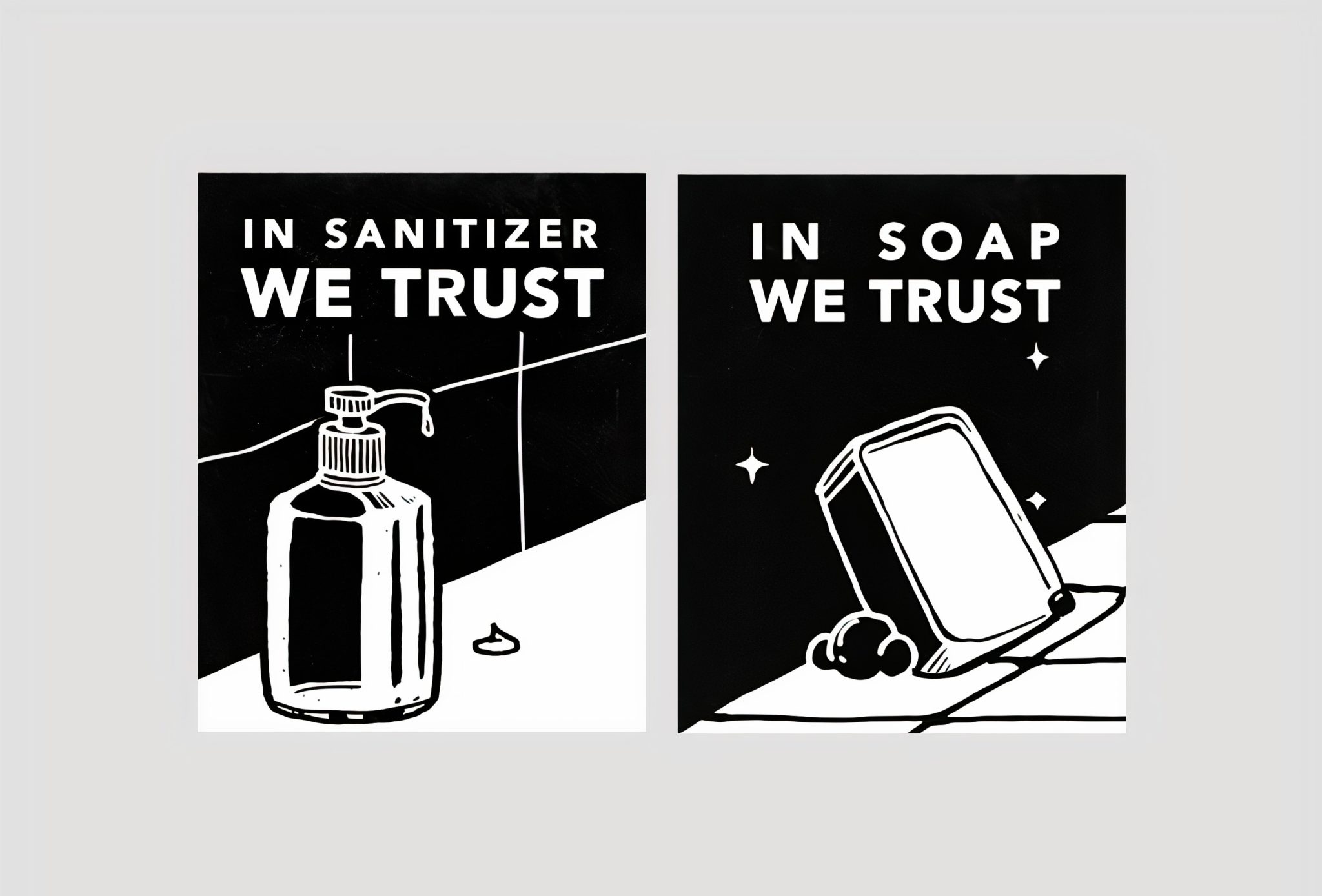 black and white illustration of sanitizer and soap 