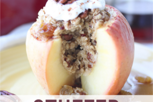 Side view of baked apples with title "Stuffed Baked Apples"