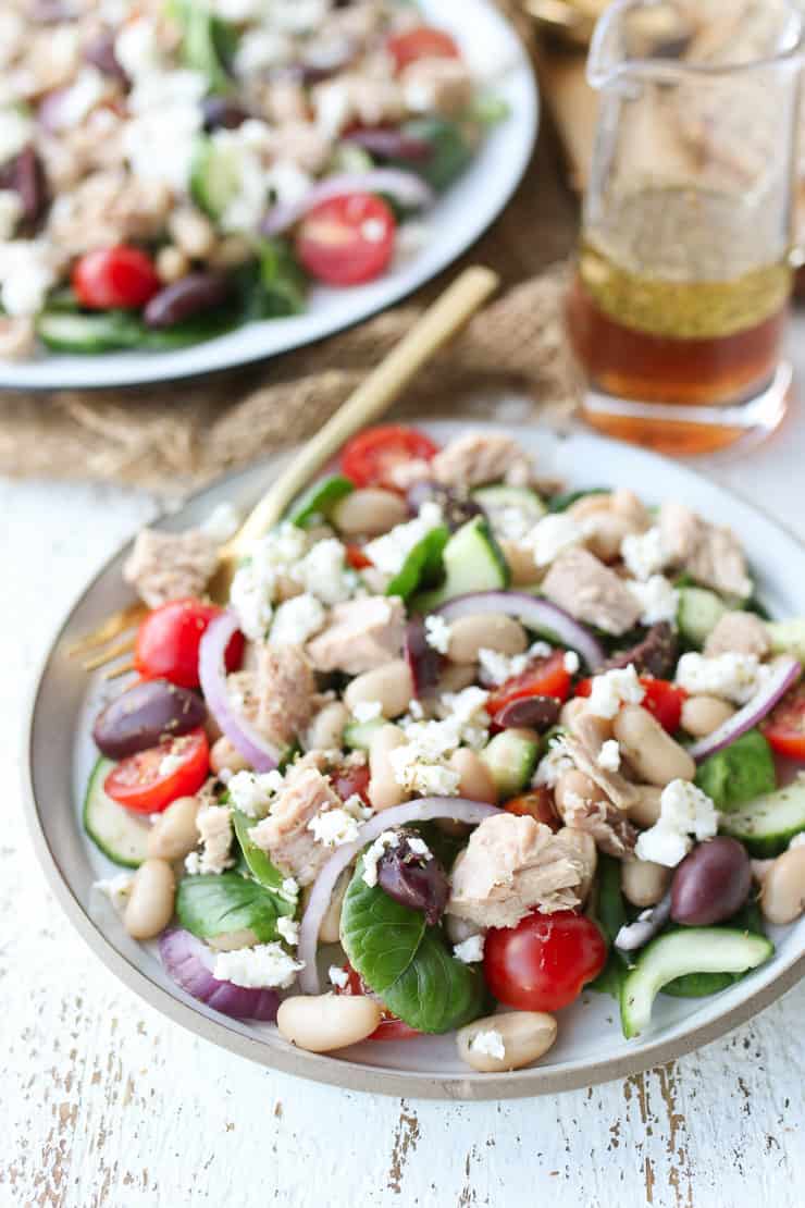 Close up of greek salad with tuna 