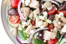 Birds eye view of no cook tuna greek salad.