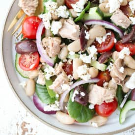 Birds eye view of no cook tuna greek salad.