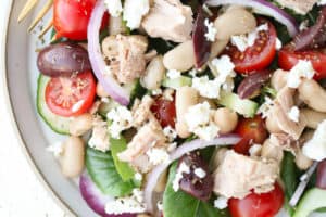 Birds eye view of no cook tuna greek salad.