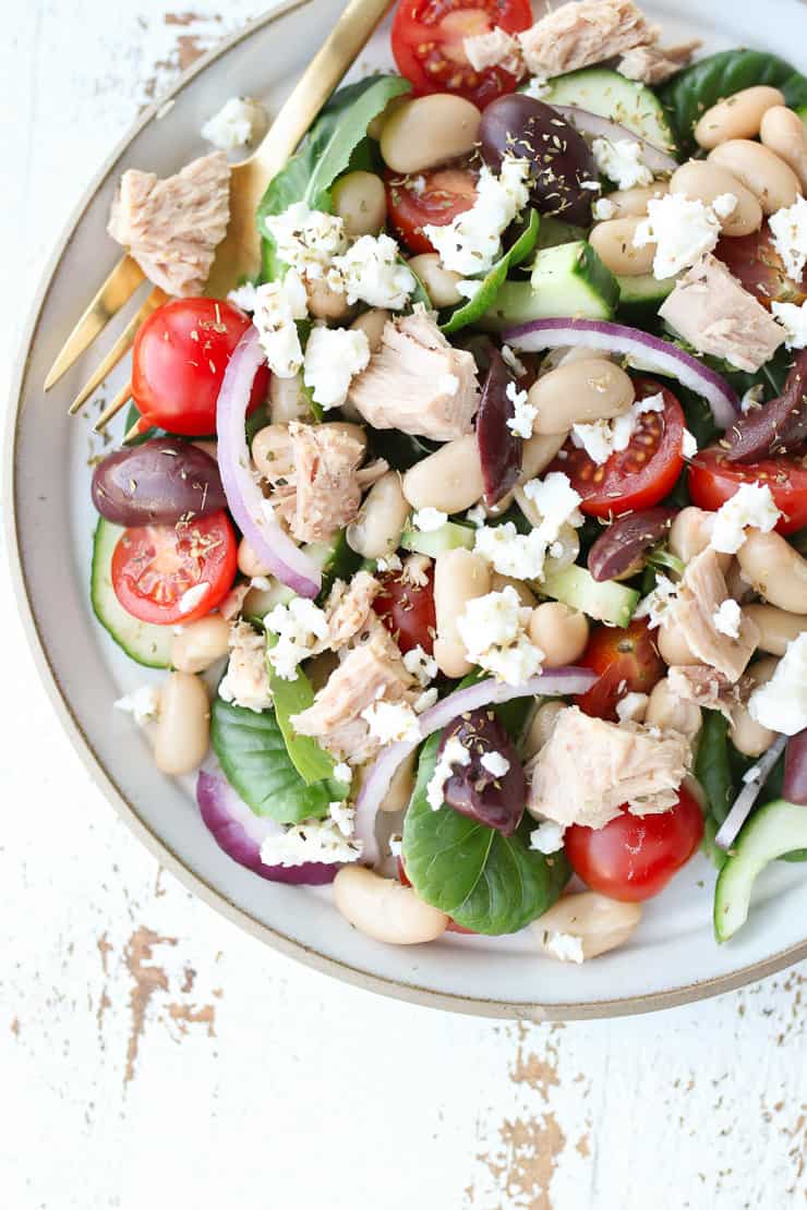 birds eye view of no cook tuna greek salad 