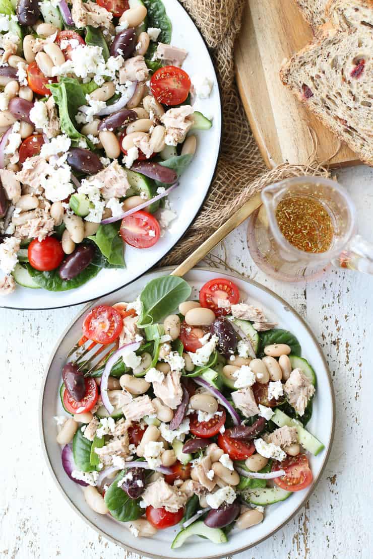 birds eye view of Greek style tuna salad 