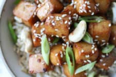 birds eye view close up of tofu in a bowl