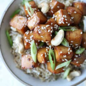 birds eye view close up of tofu in a bowl