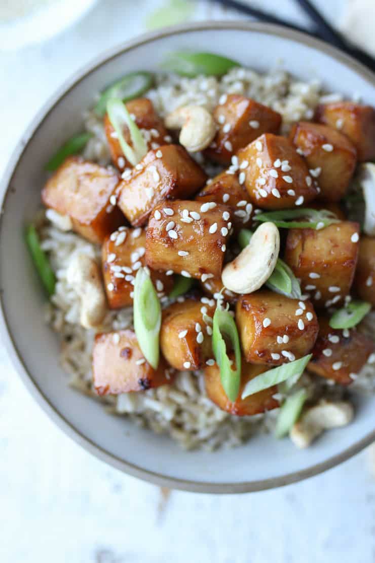 birds eye view close up of air fryer tofu in a bowl.