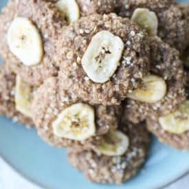 birds eye view of banana oatmeal cookies on a blue plate