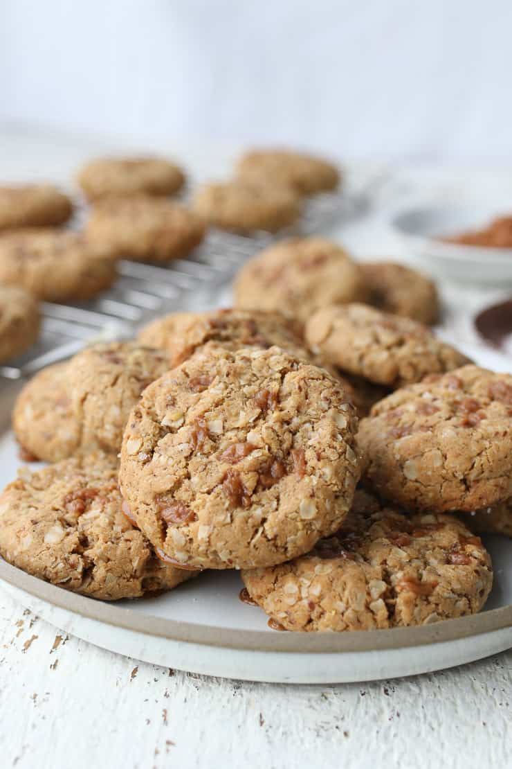 salted toffee cookies on a white plate