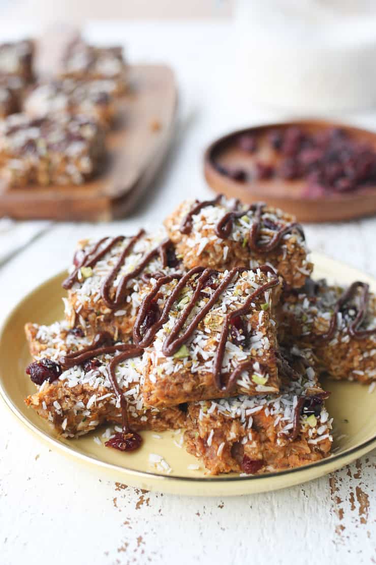 Breakfast bars on a yellow plate.