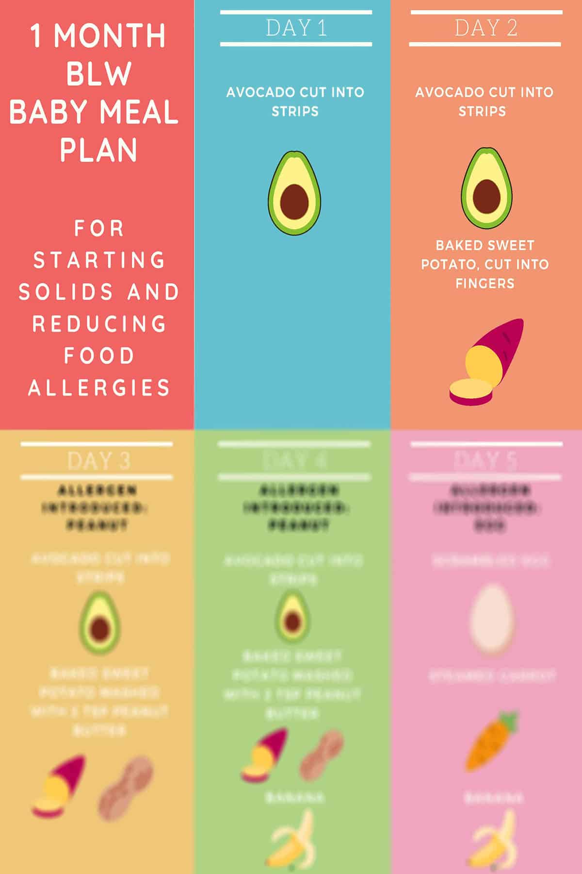 Teaser image of baby led weaning meal plan featuring BLW foods with the bottom half blurred. 