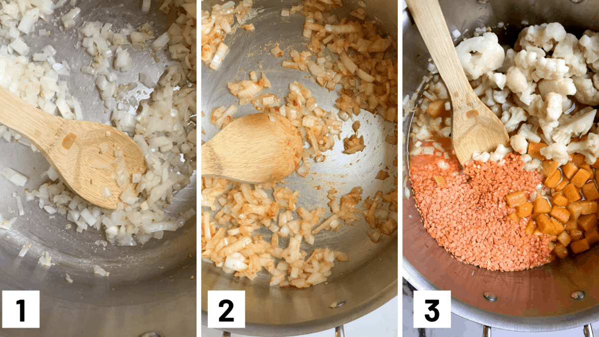Instruction step by step photo of cooking the onion garlic, and ginger before adding in the red curry paste and then the lentils, butternut squash, and cauliflower.