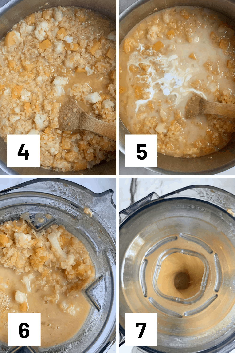 4 instructional photos of adding in broth to simmer, lemon juice and coconut milk, then blending in a blender until smooth.