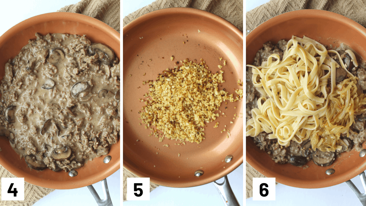 Step by step photos of adding in almond milk and creamer mixed with flour, how to toast panko, and combining the mushroom, onion, and pasta.