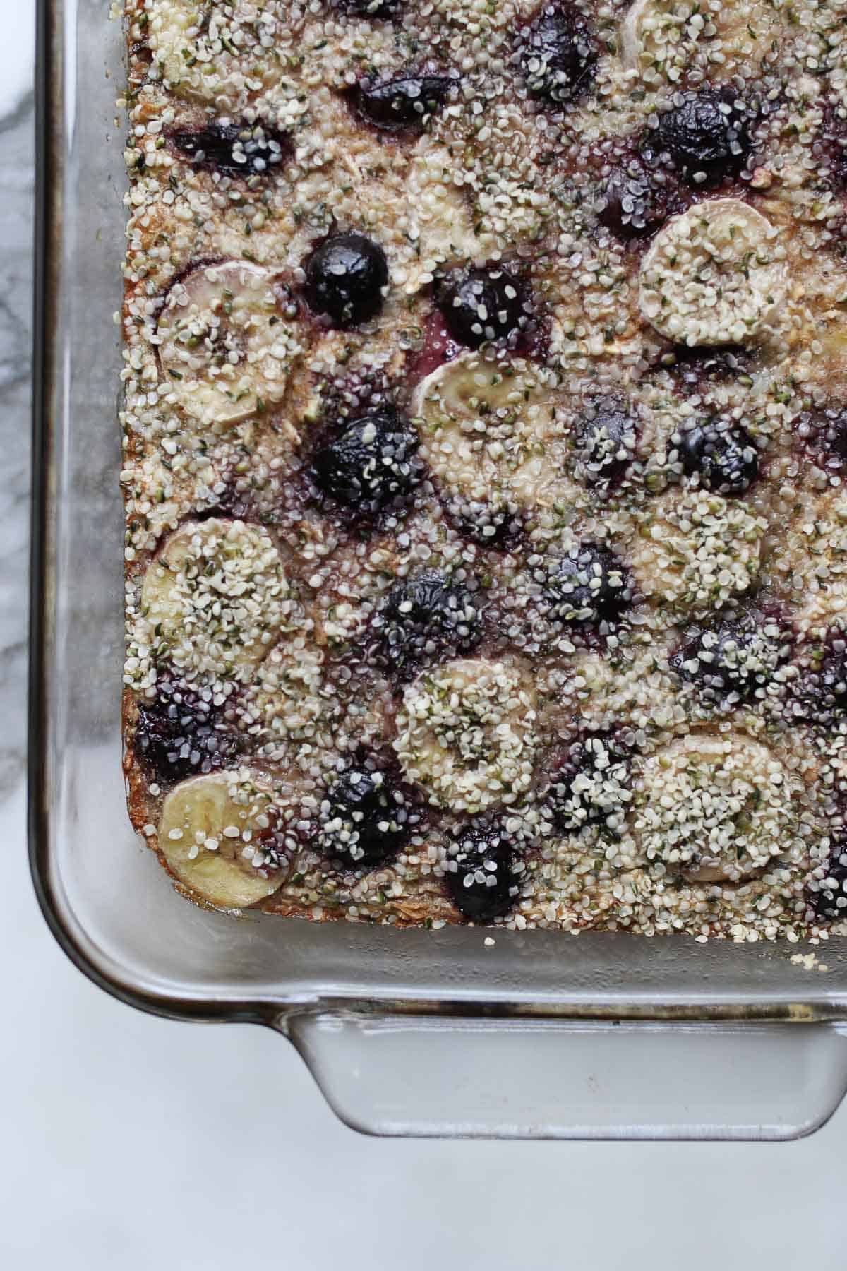 Banana baked oatmeal in baking pan fresh out of the oven. 