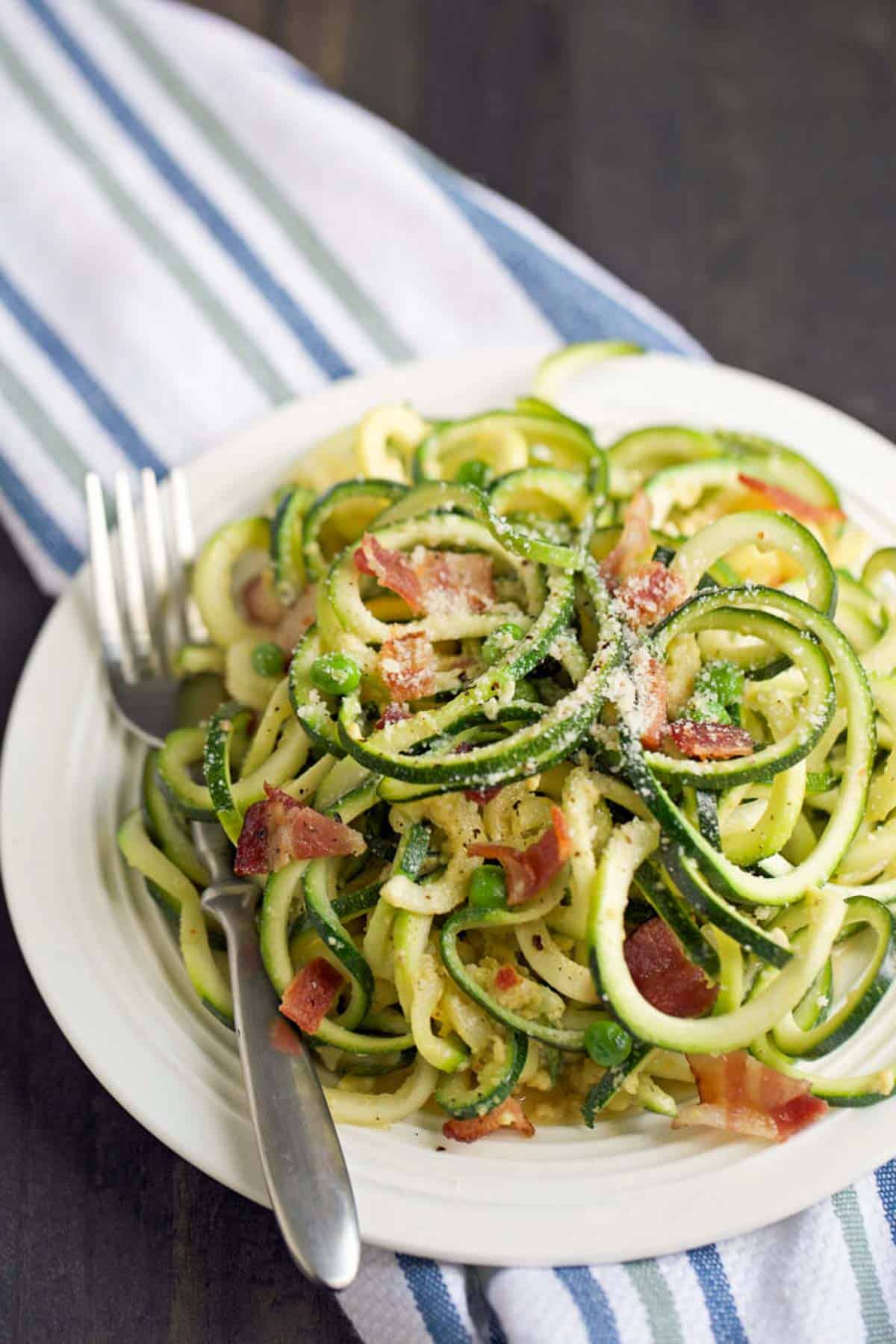 Zoodles carbonara pasta on a white plate with a fork on the side and garnished with extra parmesan cheese. 