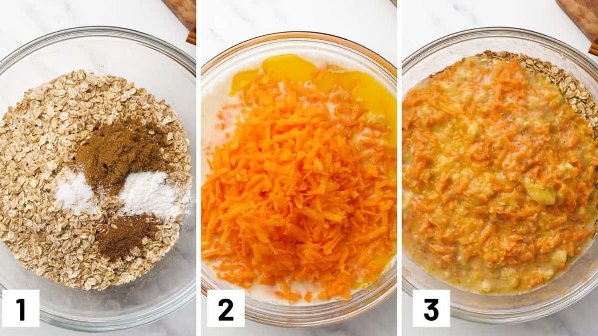 Process images of the first three steps for making the baked oatmeal recipe including how to make the wet and dry mixture.