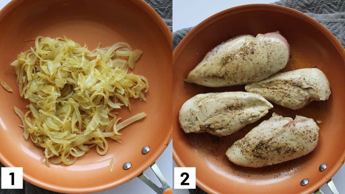 Images of the first two steps to make French onion chicken, including caramelizing onions and browning the chicken breasts. 