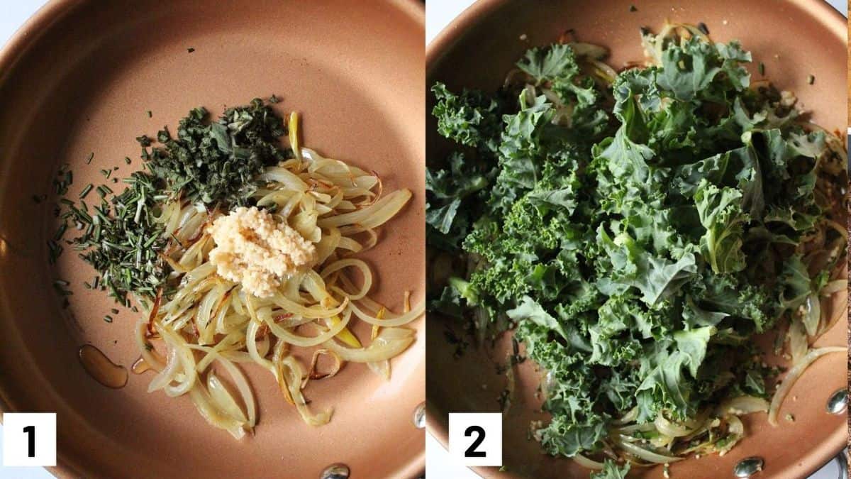 Images of the first two steps of vegetarian strata recipe including caramelizing onions, and cooking garlic, kale, and herbs in a pan.