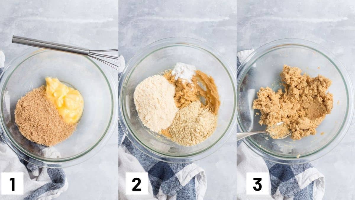 Image of the first three steps to making the batter for the coconut chocolate chip cookies.