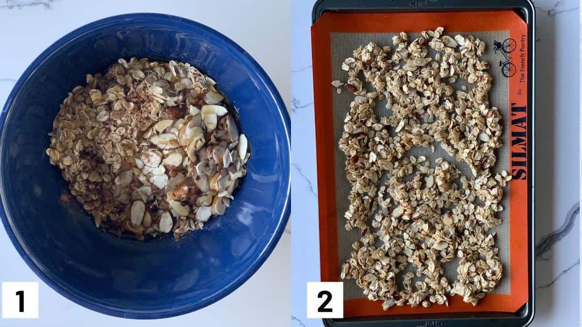 Two images showing how to make granola crumble including adding the ingredients to the mixing bowl, and laying granola out on a baking sheet to bake in the oven. 