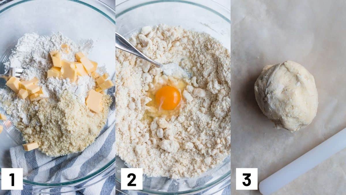 Step by step images for how to make the gluten free crust including mixing ingredients together, adding an egg, and working the dough into a ball. 