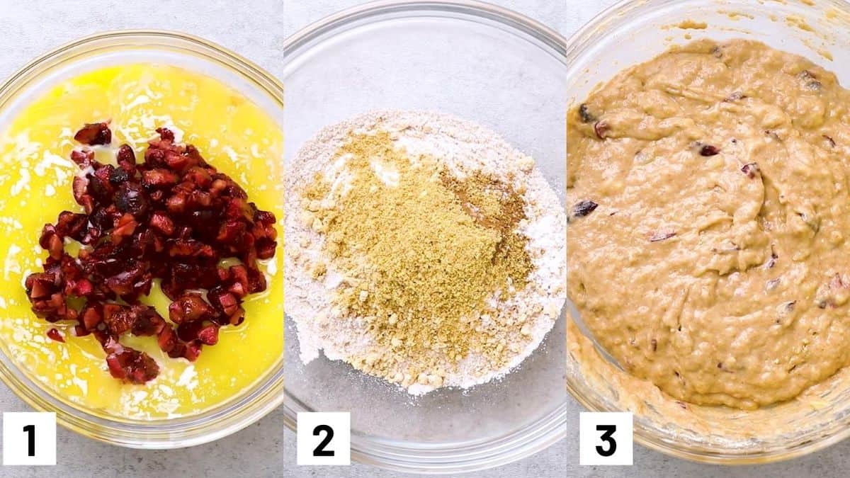 Images of the first three steps to make baby led weaning recipe including how to make the wet and dry batter.