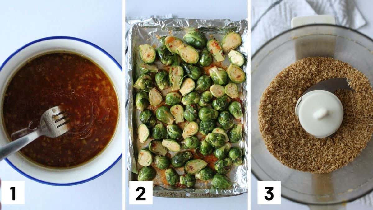 Step by step collage showing how to make brussel sprouts recipe including how to make the sauce and cereal crumble. 