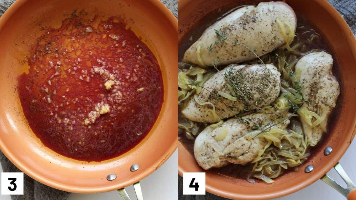 Images of the third and fourth step of the recipe including heating up the red wine with garlic, and combining all ingredients in a pan with chicken breast. 