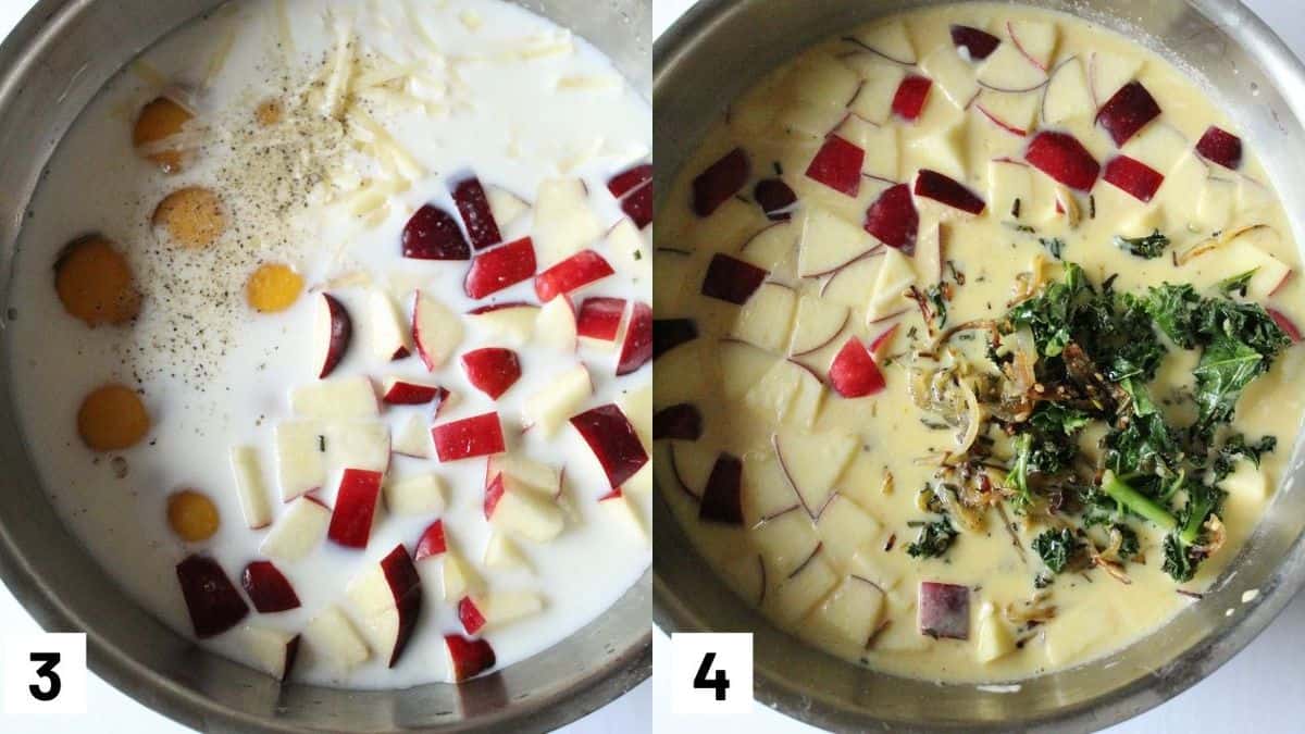 Two side by side images of eggs, apples, and cheese mixture in bowl combined with kale and onion mixture from the first two steps.