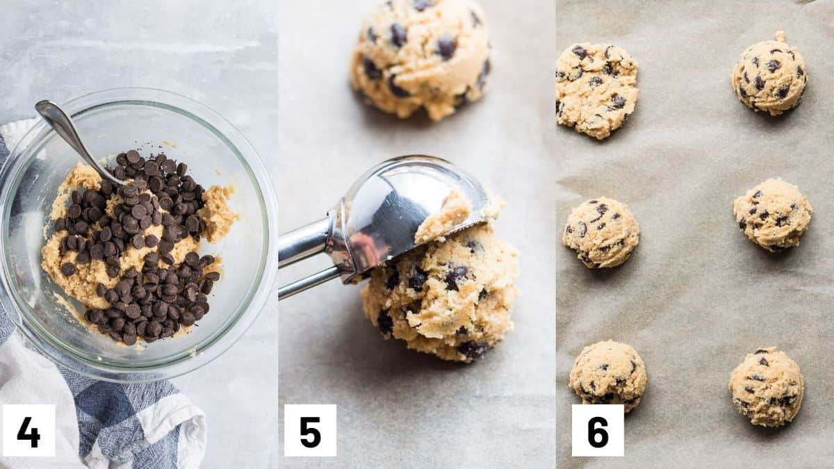 Image of the last three steps of the recipes including adding in the chocolate chips, and scooping batter with ice cream scoop and laying them on parchment paper. 