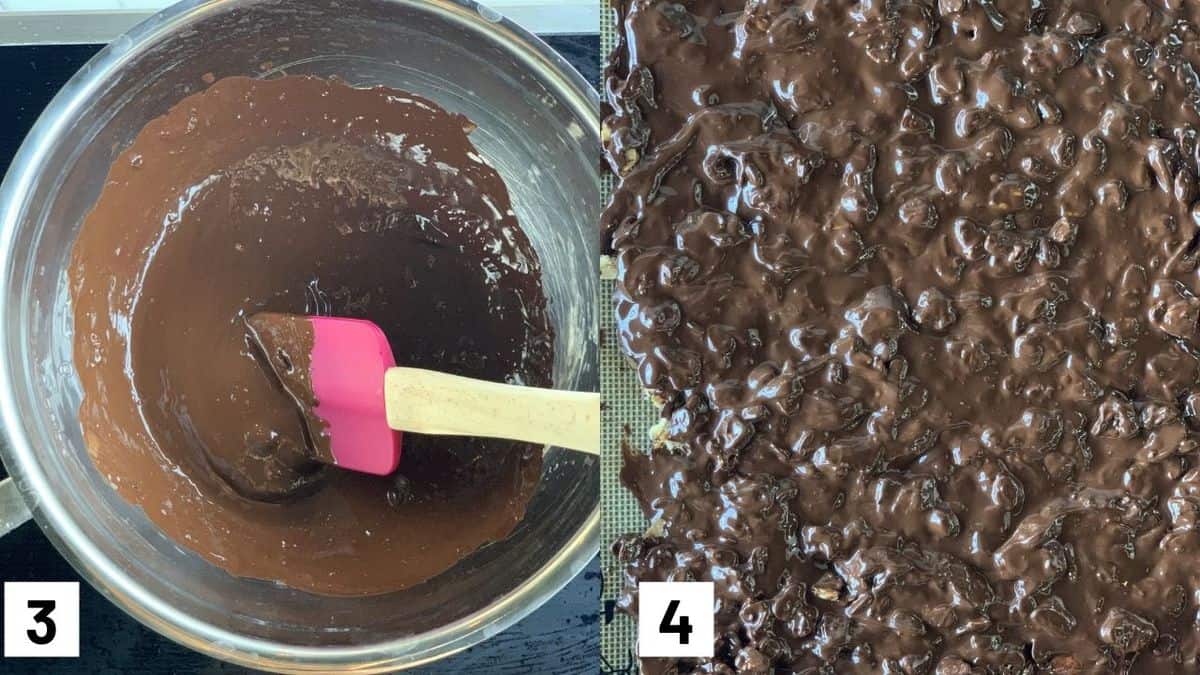 Two images showing how to make the chocolate including how to heat up the chocolate over the stove and adding it on top the granola. 