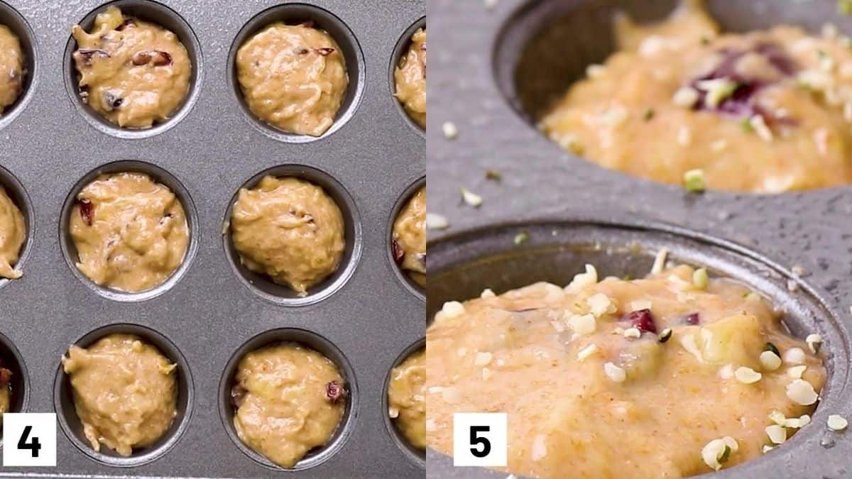 Two images showing the last two steps to make recipe including how to scoop batter into pan and sprinkling with hemp hearts. 