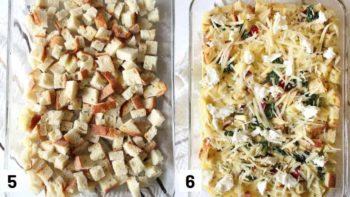 Images of the last two steps of the recipe including arranging the diced bread in casserole dish and adding egg mixture on top and topping off with cheese. 