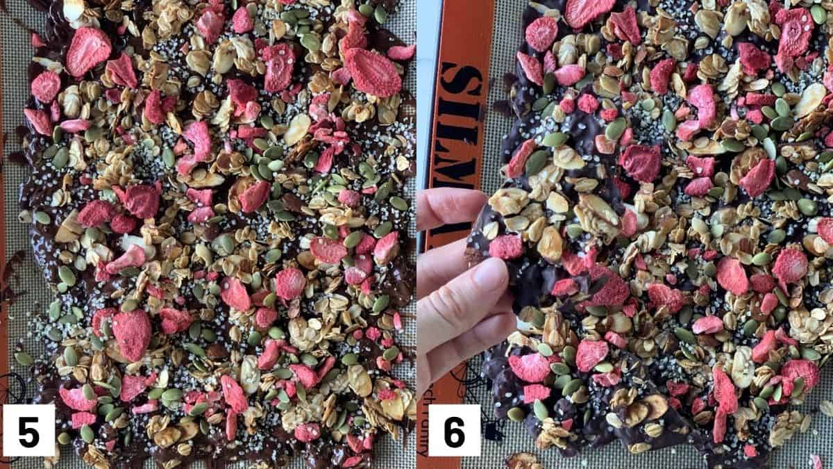Two side by side images showing the toppings being added to the chocolate almond bark prior to freezing, and a hand breaking the frozen chocolate bark into small pieces. 