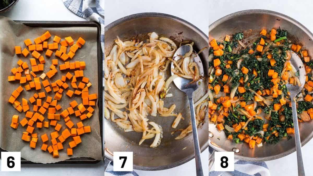 Three images showing how to cook quiche fillings including roasting the butternut squash, caramelizing the onions, and sauteeing the kale. 