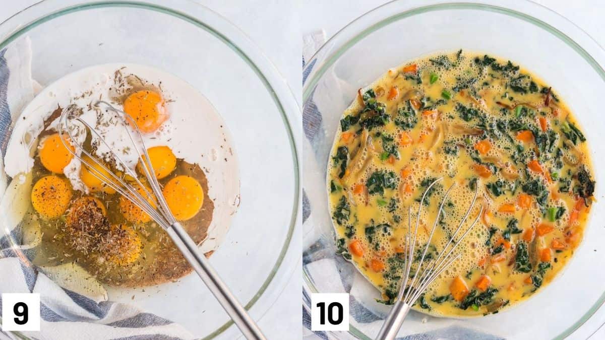 Two side by side images showing how to make egg filling including mixing egg mixture with kale and butternut squash. 