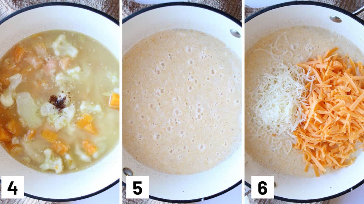 Instruction photo showing milk and nutmeg added to a pot, pureeing, and adding cheese to a pot.