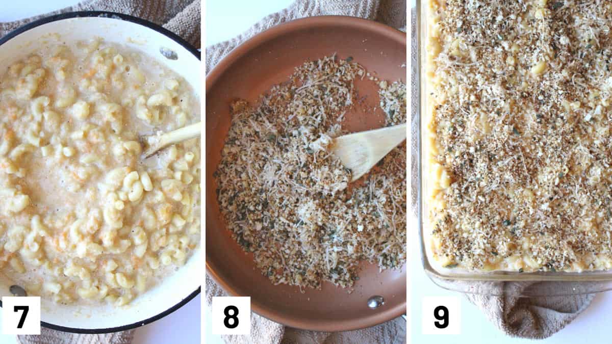 Instructional photos showing pasta being added to a butternut squash and cauliflower roux, toasting toppings, and combining everything into a baking dish.