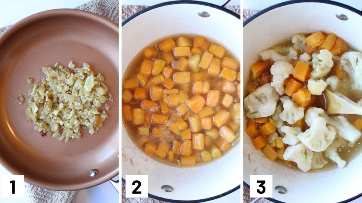 Instructional photos showing how to caramel onion, cooking squash, and cooking cauliflower.