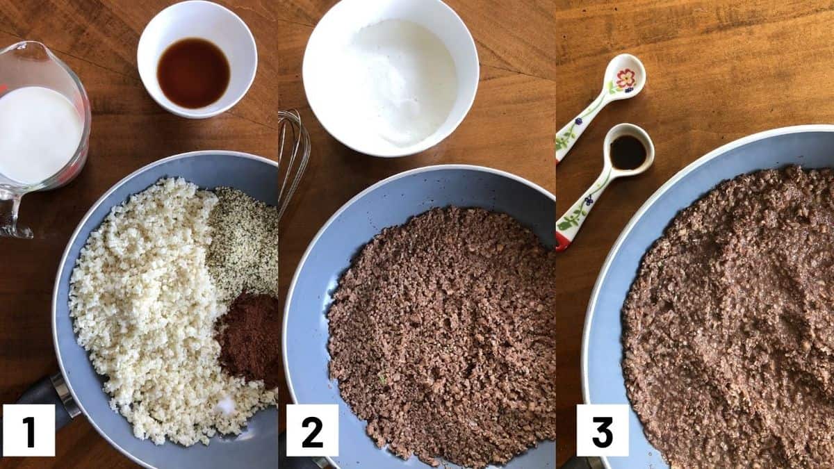 Images of the three steps to make recipe including cooking down the cauliflower, adding in the beaten egg whites, and adding peppermint and vanilla extract. 