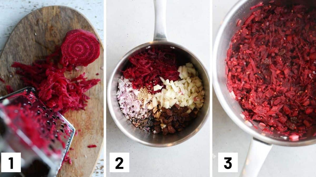 Images of the three steps required for making the apple chutney including grating the beets, combining all ingredients in to a sauce pot, and boiling until cooked. 