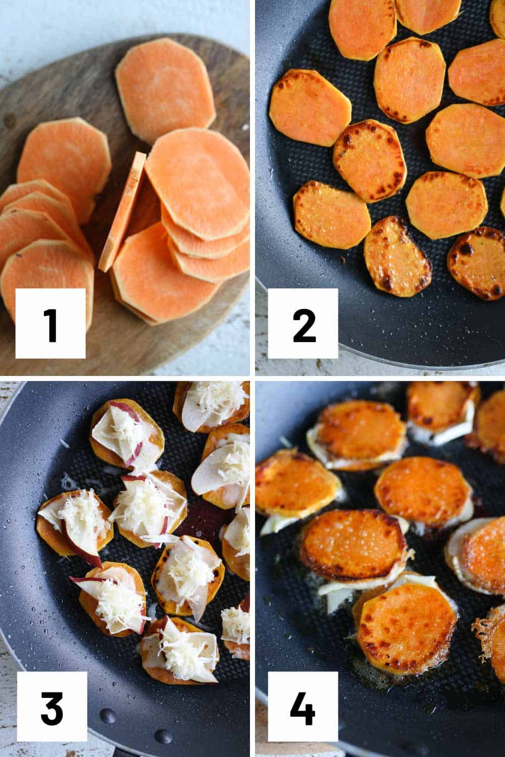 Step by step photos showing how thin to slice sweet potatoes, how to grill them, and how to assemble.