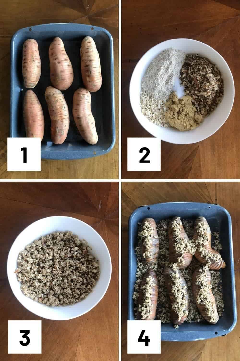 Instruction step by step photo showing sliced sweet potatoes, mixing the streusel mixture, then layering it onto the baked sweet potatoes.