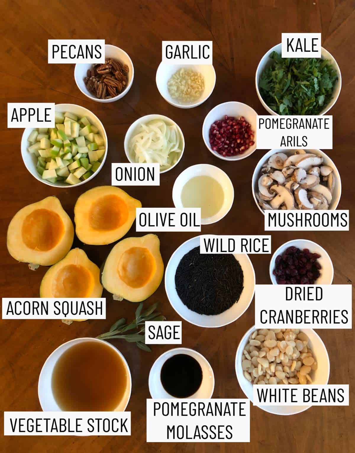 Over head view of ingredients for Stuffed Acorn Squash: pecans, garlic, kale, apple, onion, pomegranate arils, acorn squash, olive oil, mushrooms, wild rice, dried cranverries, sage, vegetable stock, pomegranate molasses, and white beans.