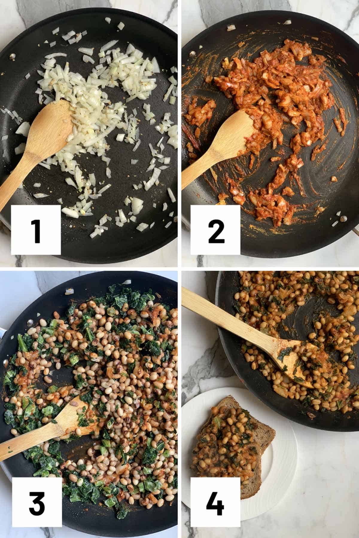 Set of four step by step instructional photo for how to saute ingredients to make beans on toast.