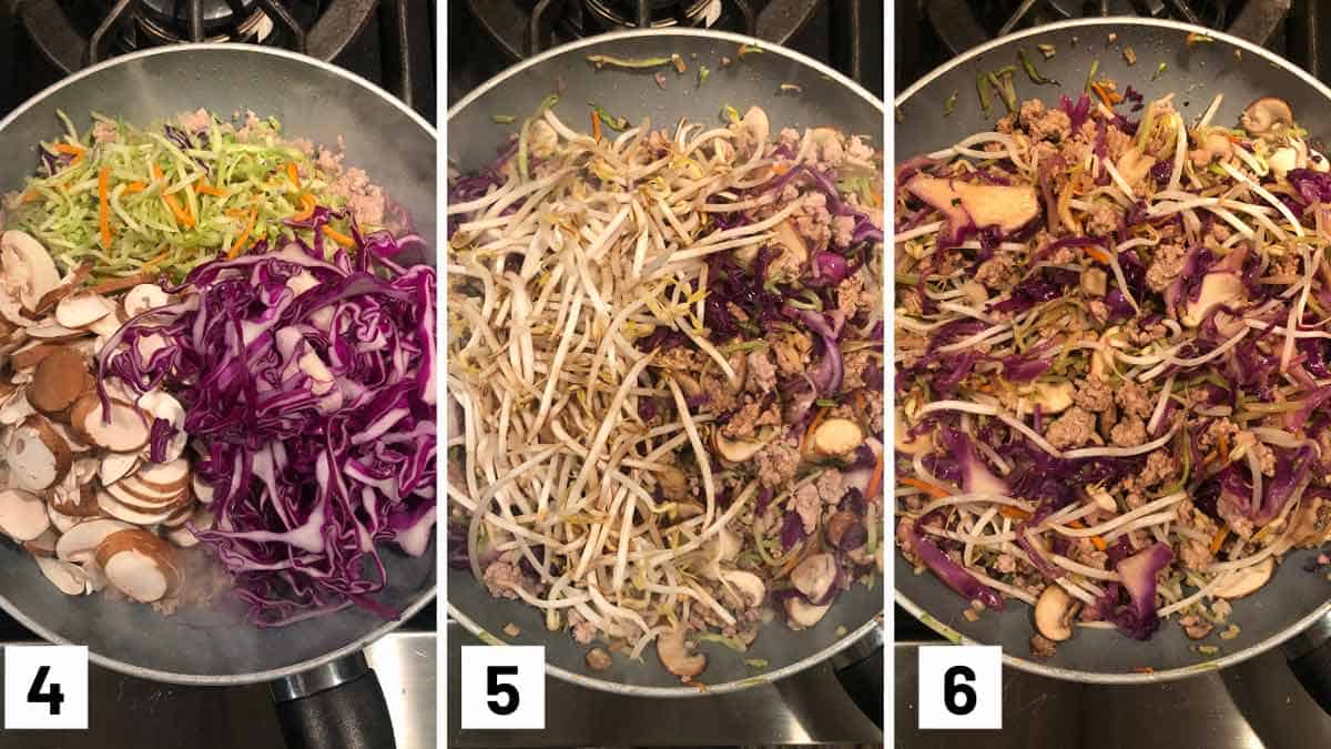 Process photo showing adding broccoli slaw, cabbage, and mushrooms into a pan, stir frying it with sauce, and adding in bean spouts and tossing.