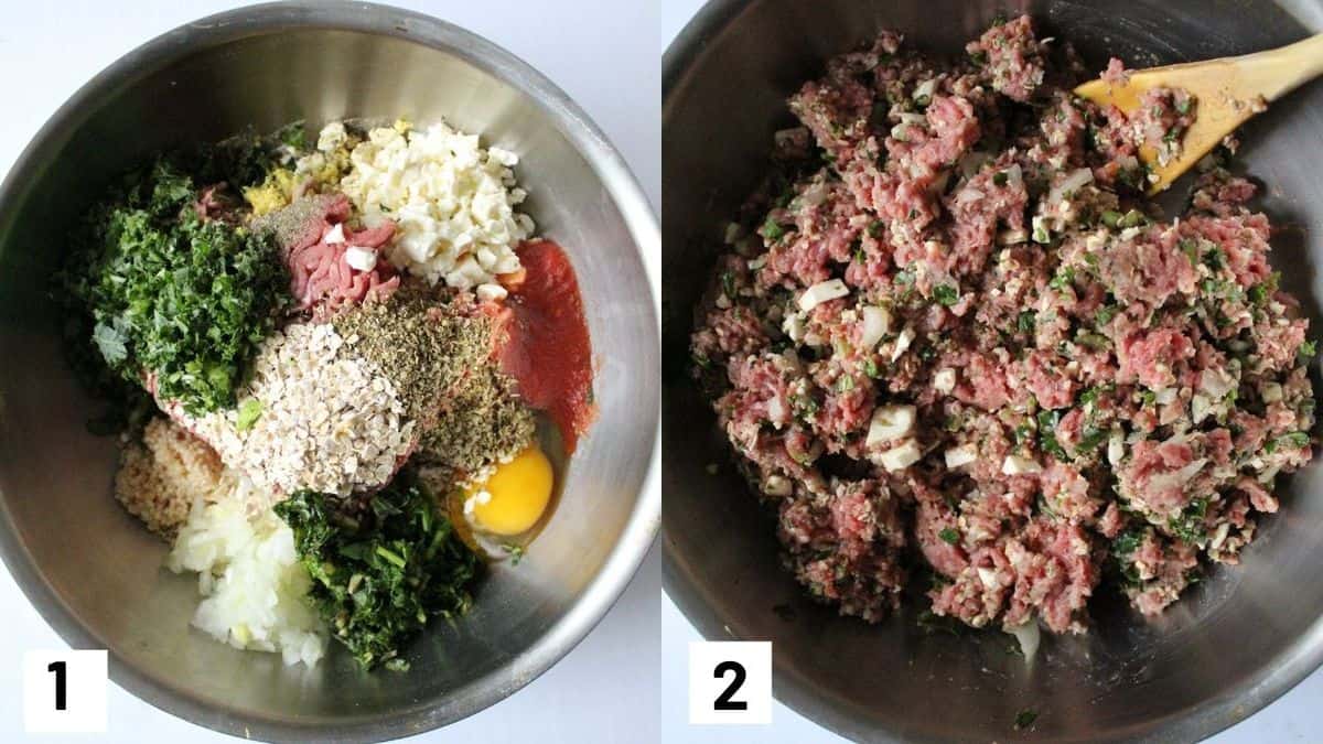 Two side by side images showing meatloaf muffin ingredients mixed together in a mixing bowl. 