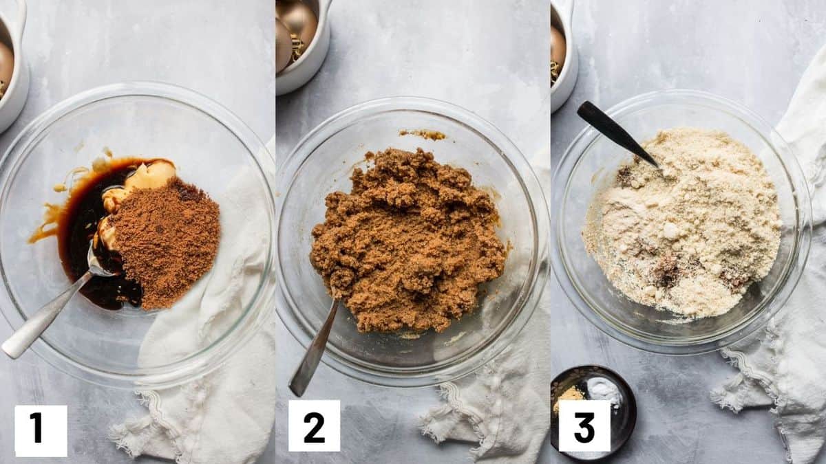 Three side by side images showing how to make the cookie batter for the gingerbread cookies. 